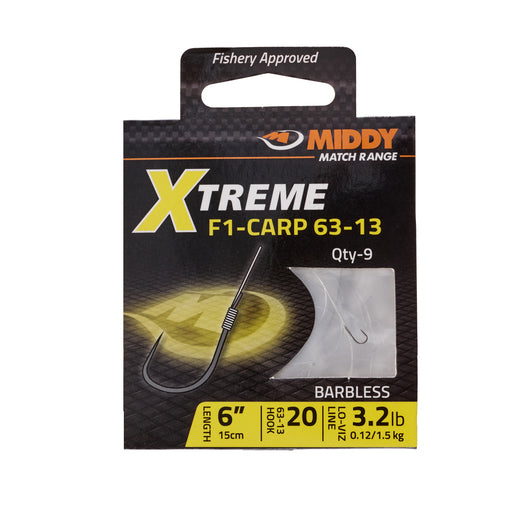 MIDDY Xtreme F1 Carp 63-13 Barbless Hooks-to-Nylon